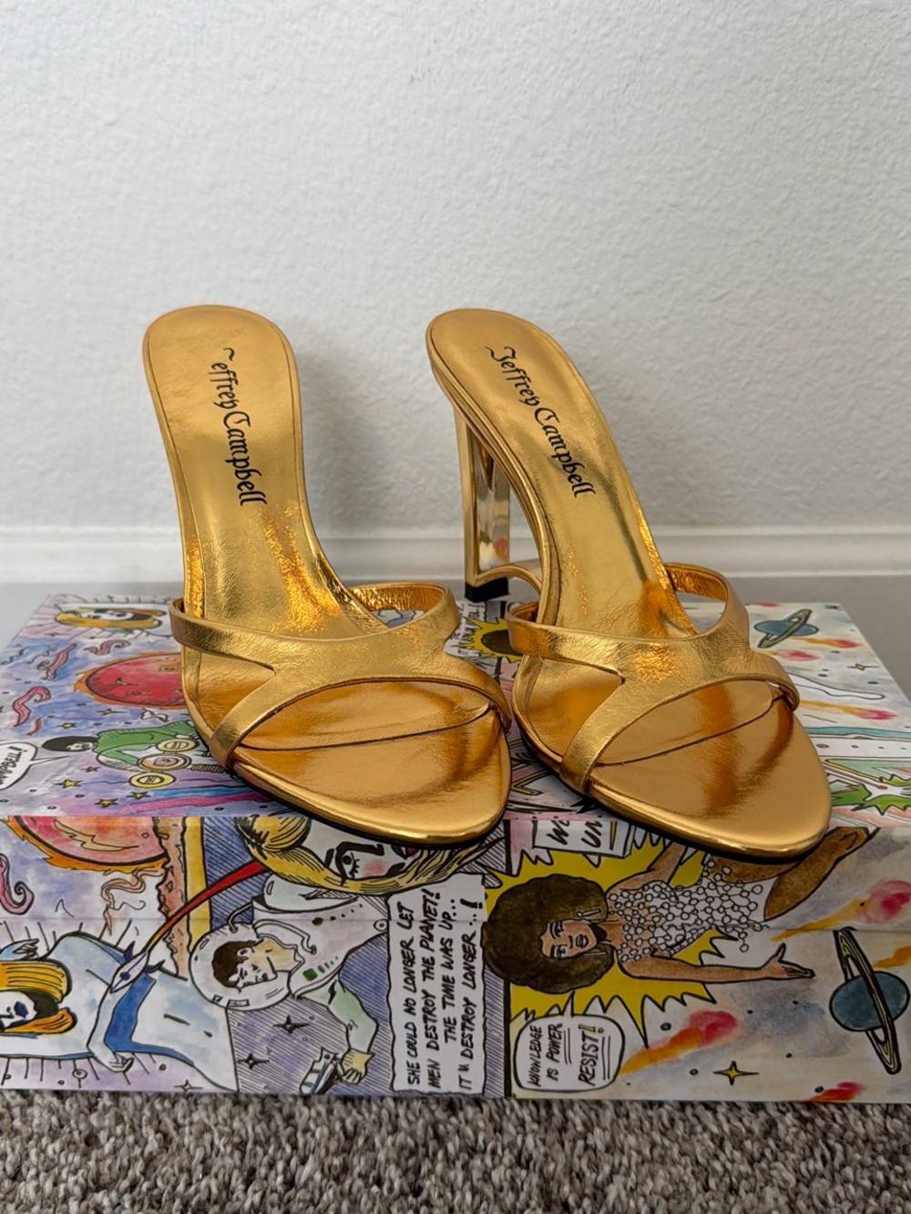 Jeffrey Campbell Metallic Gold Open-Toe Slide Heels